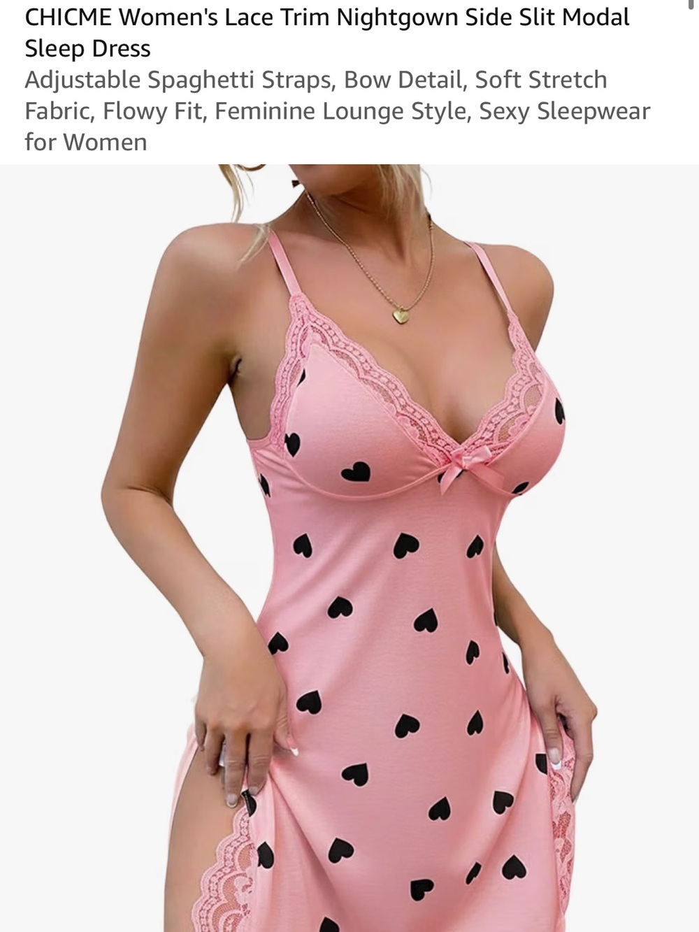 chic Pink Lace-Trim Heart-Print Chemise